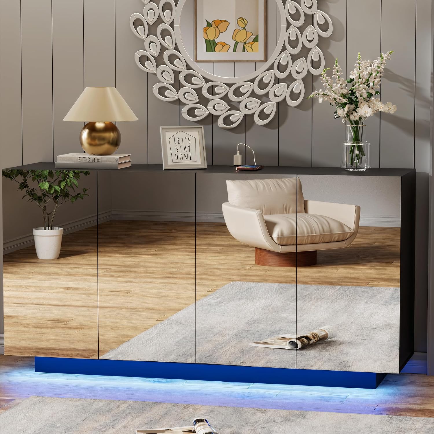 Anbuy Buffet Cabinet Mirror with Storage Black Sideboard with Storage Coffee Bar with Lights & Charging Station Kitchen LED 57.87'' Buffet Cabinet with Mirror Doors for Bedroom, Living Room
