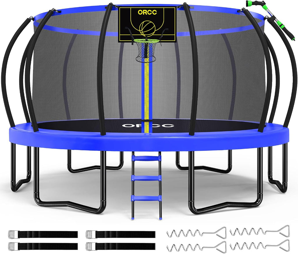 ORCC 1300LBS Weight Capacity Trampoline 16 15 14 12 10 8FT with Basketball Hoop Water Sprinkler Spiral Ground Stakes Outdoor Yard Trampolines for Kids Adults