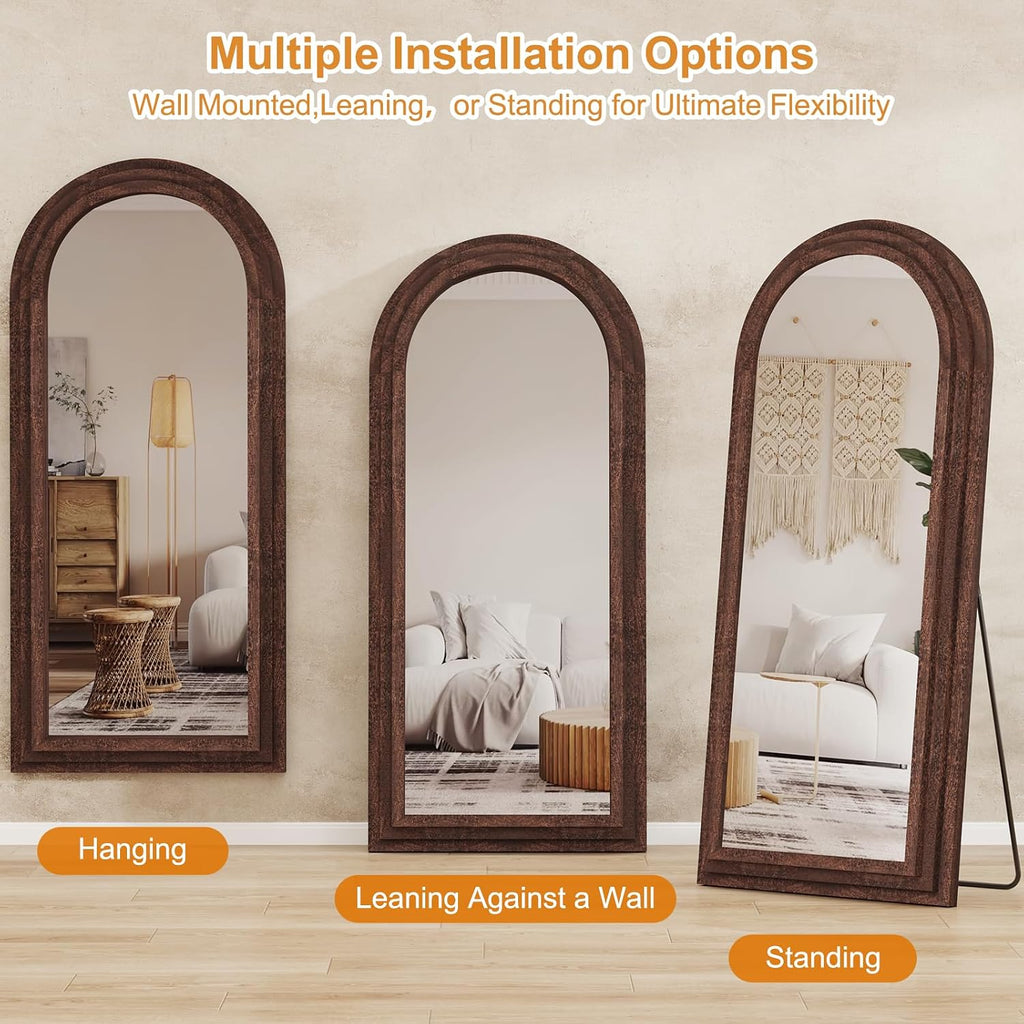 ZHUNFA External Three-Layer Arched Full Length Mirror with Solid Wood Frame,71x32 Modern Farmhouse Decor Standing Mirror Full Length,Wall Mounted,Leaning,Standing for Bedroom,Living Room,Brown.