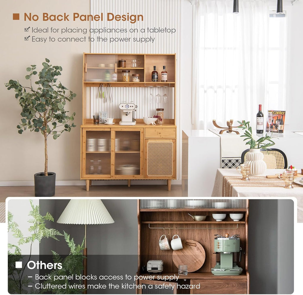 Giantex Pantry Cabinet, 69' Bamboo Hutch Cabinet with Storage, Drawer, Microwave Countertop, Glass Holder, Freestanding Buffet Sideboard with Rattan Door, Tall Cupboard for Kitchen Coffee Bar