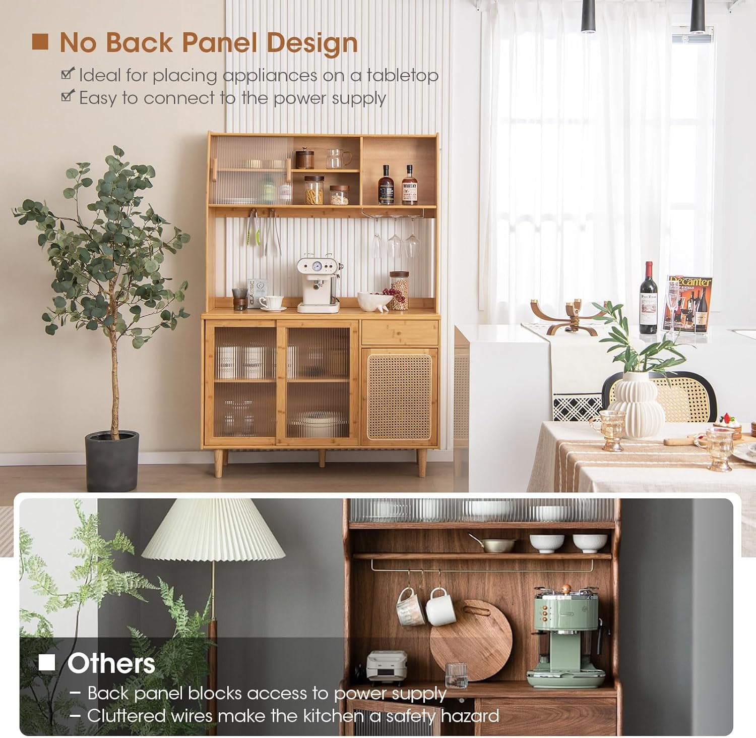 Giantex Pantry Cabinet, 69' Bamboo Hutch Cabinet with Storage, Drawer, Microwave Countertop, Glass Holder, Freestanding Buffet Sideboard with Rattan Door, Tall Cupboard for Kitchen Coffee Bar