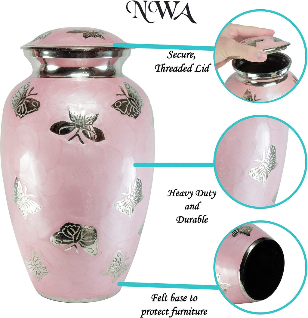 Pink Butterfly Cremation Urn for Human Ashes, Large Funeral Urn with Matching Keepsake and Personalized Engraving