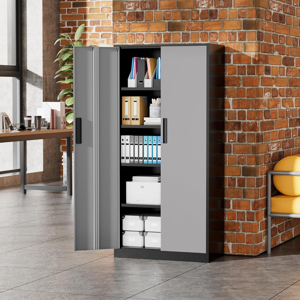 Greenvelly Metal Garage Storage Cabinet, 72' Black Gray Tool Steel Locking Cabinet with Doors and 4 Shelves, Tall Cabinets for Garage Storage Systems Lockable File Cabinet for Home Office,Garage