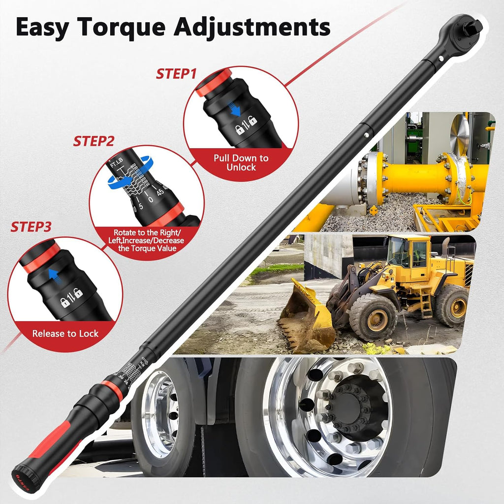 VANPO Torque Wrench 3/4-Inch Drive 100–800 Ft-Lb Heavy Duty Click Type for Construction & Agricultural Equipment – TPR+ABS Handle, ±3% Accuracy, 45-Tooth Ratchet, 48' Long Handle with Case