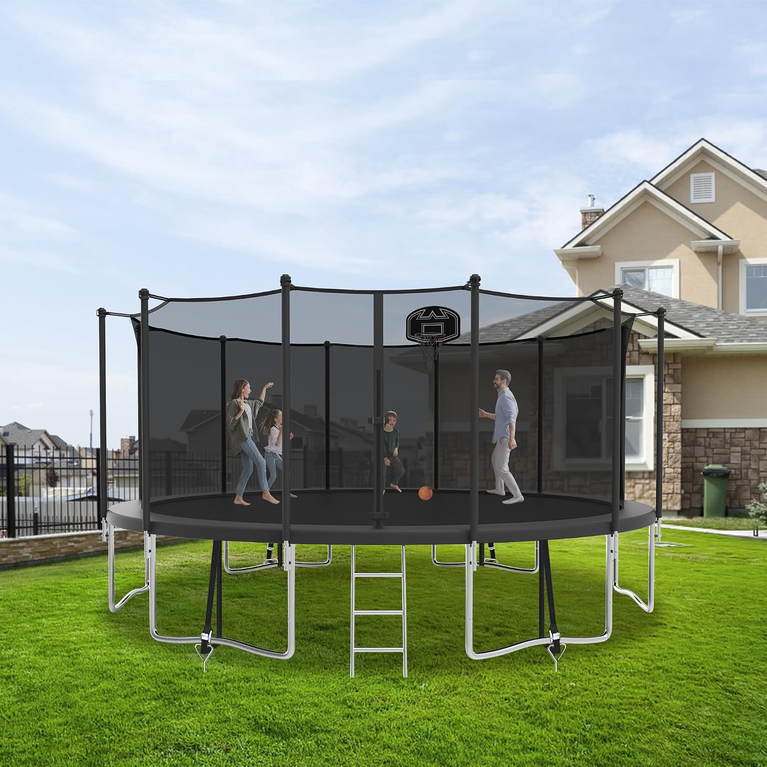 1500LBS Capacity No-Gap Design 8 10 12 14 15 16 FT Recreational Jumper with Enclosure Net, Wind Stakes & Basketball Hoop, ASTM Approved, Perfect for Kids & Adults Family Outdoor Backyard Fun