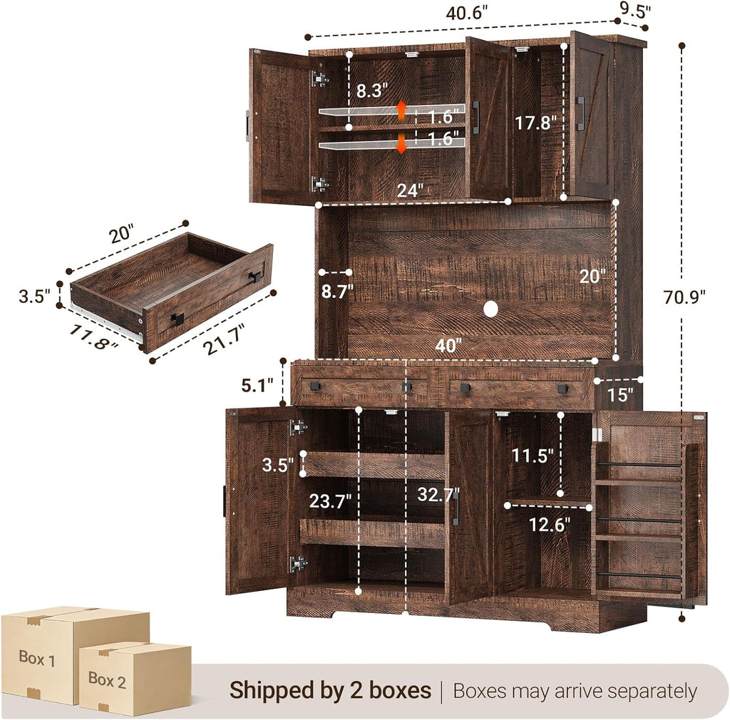 ELYKEN 71' Tall Ktchen Pantry Cabinet with Charging Station & LED Lights, Farmhouse Kitchen Hutch Cabinet with Large Countertop for Dining Room Living Room, Brown