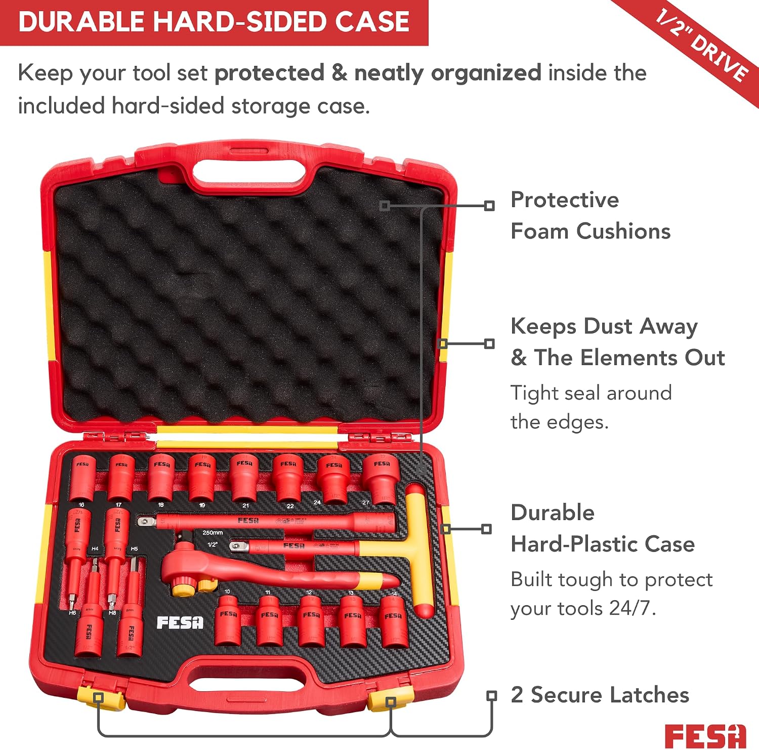 FESA Electrician Insulated Socket Set - 1000V 20-Piece Professional Insulated Ratchet & Socket Wrench Set (1/2' Drive) w/ 4 Hex Bits, T-Handle & Extension - 1000 Volt Insulated Tools for Electricians
