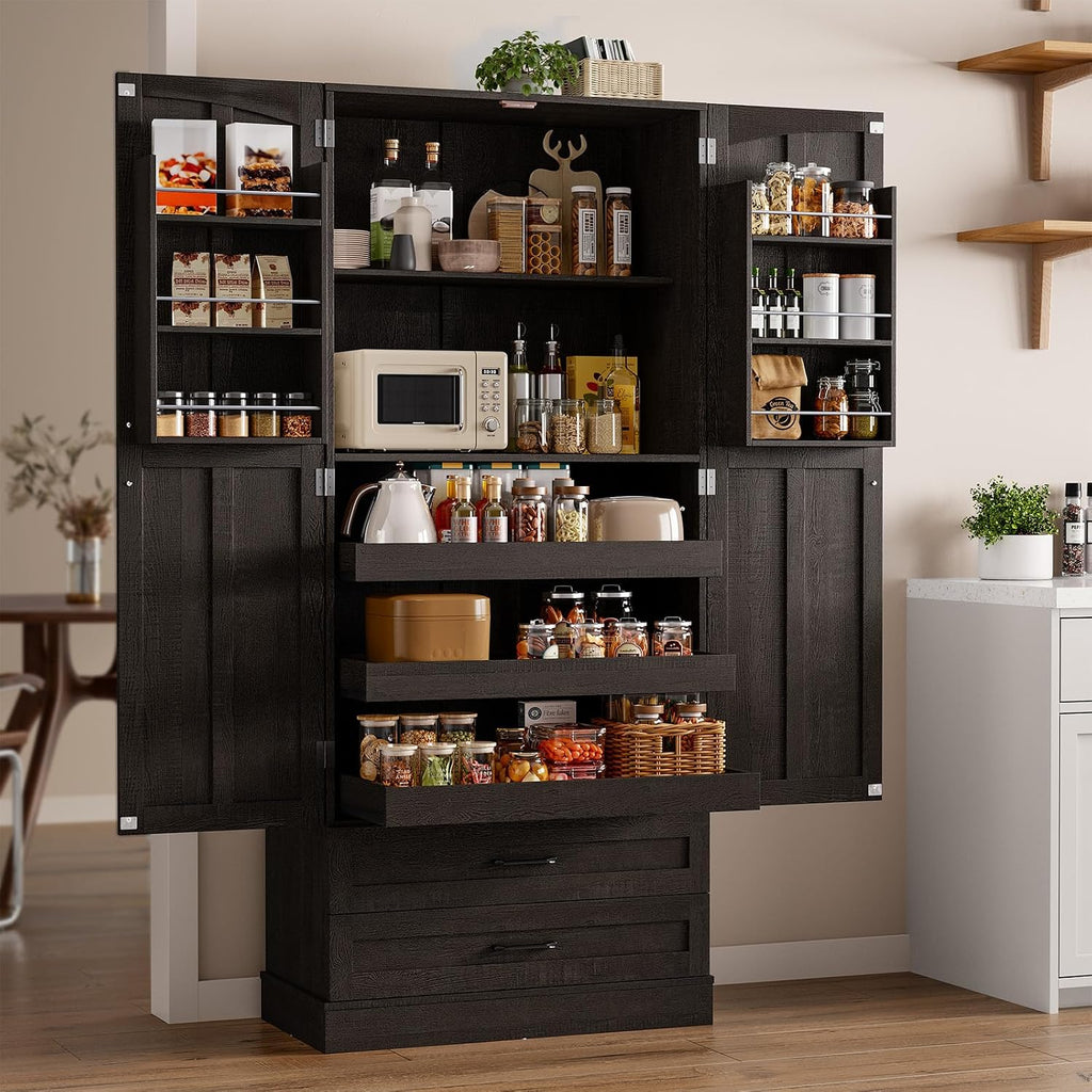 ONBRILL 71' Tall Farmhouse Kitchen Pantry Cabinet with 3 Pull Out Shelves & 2 Large Drawers, Pantry Storage Cabinet with 6 Door Shelf & Adjustable Shelf, Freestanding Cupboard for Kitchen, Dining Room