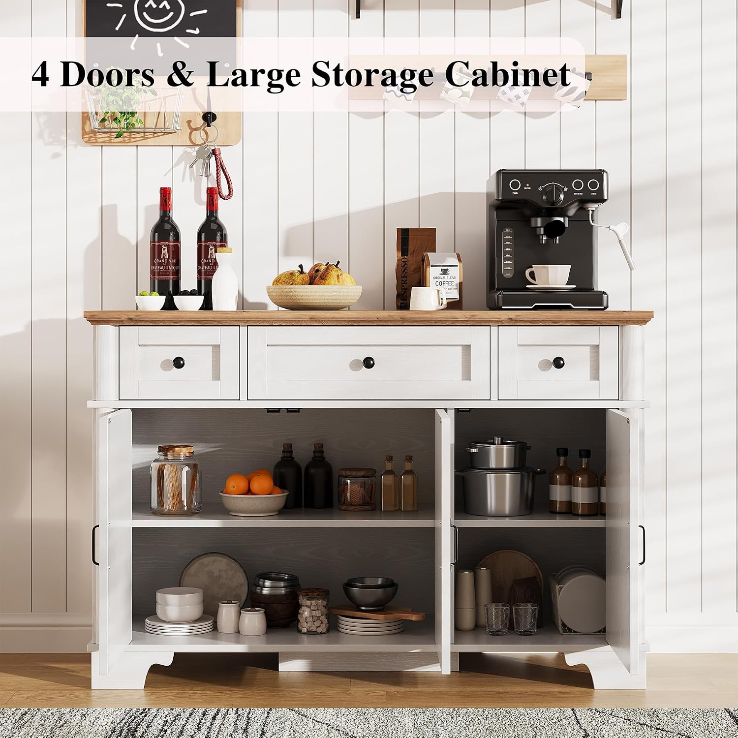 BestHaped Farmhouse Buffet Cabinet with Storage, White Sideboard Buffet Cabinet with Adjustable Shelves & 3 Drawers, Buffet Table Coffee Bar Wine Bar Storage for Kitchen & Living Room, 47inch