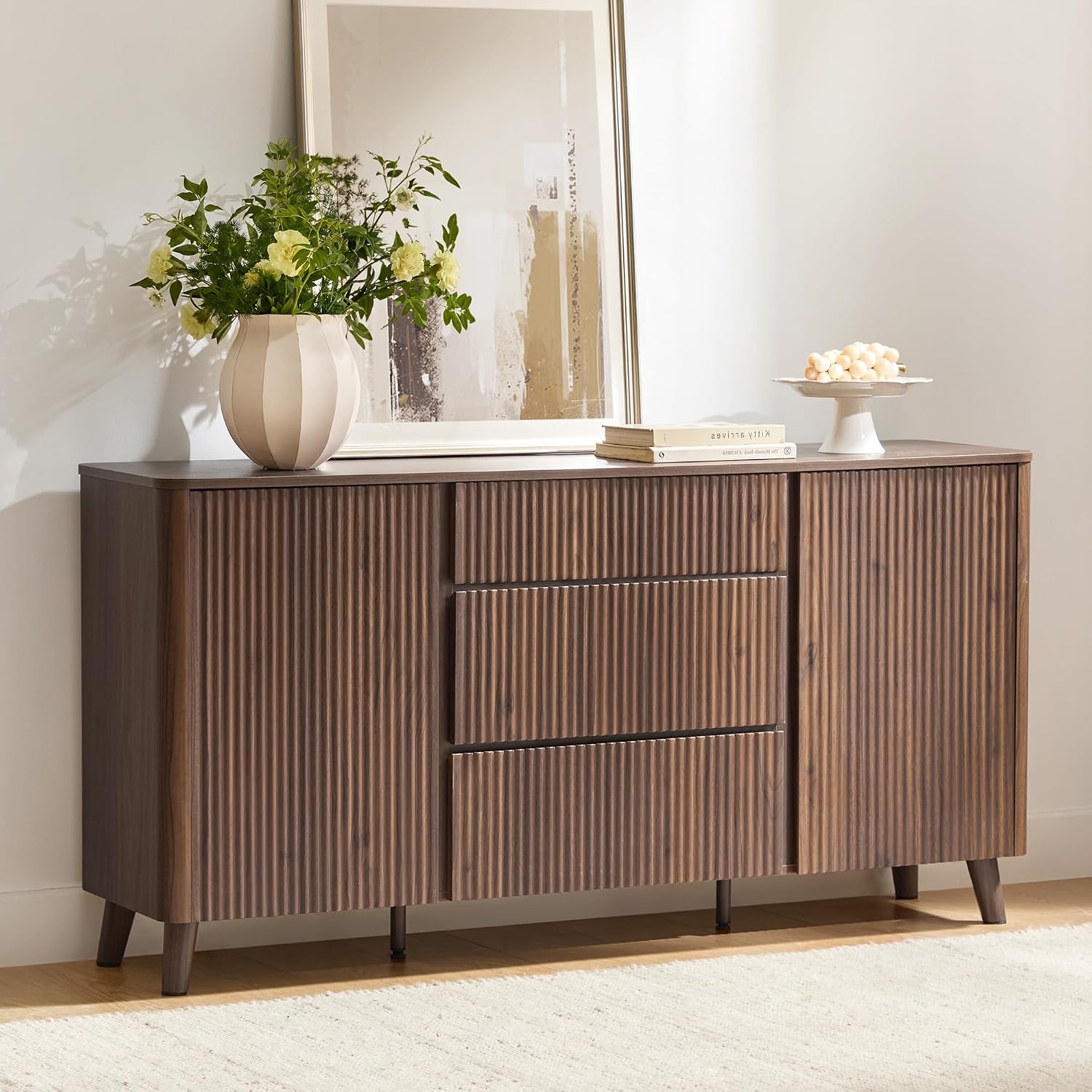 CHITA 62' Sideboard Buffet Cabinet with Storage, Living Room Accent Cabinet with Drawers, Doors and Adjustable Shelves, for Bar, Kitchen, Walnut
