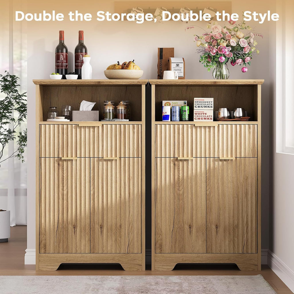 Fluted Buffet Cabinet with Storage, Modern Coffee Bar Cabinet with Drawer & Adjustable Shelf, Wood Sideboard Cabinet for Kitchen, Bathroom, Entryway and Living Room Natural