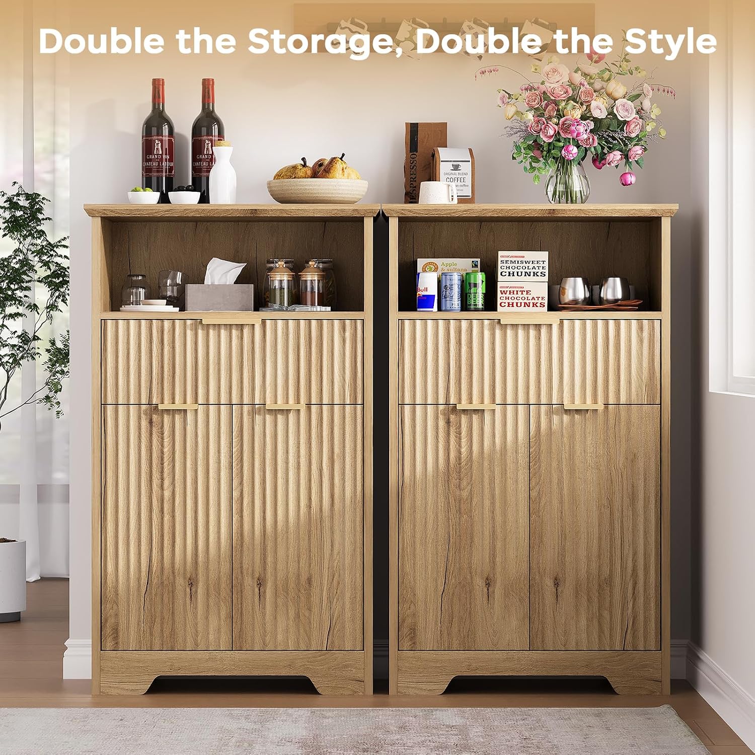 Fluted Buffet Cabinet with Storage, Modern Coffee Bar Cabinet with Drawer & Adjustable Shelf, Wood Sideboard Cabinet for Kitchen, Bathroom, Entryway and Living Room Natural