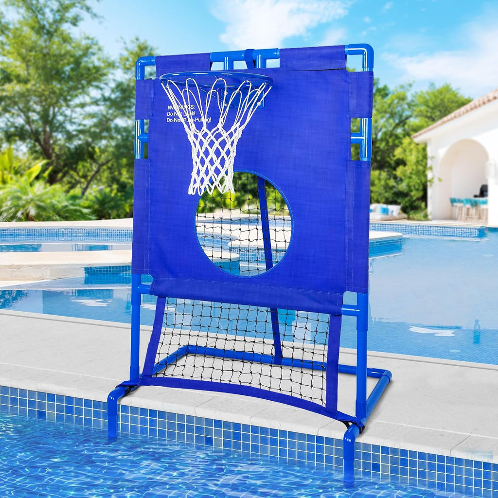 Pool Basketball Hoop ＆ Football Target Net 2-in-1 Set, for Various Fun Game, 6 Balls Included, Settle Your Summer Party