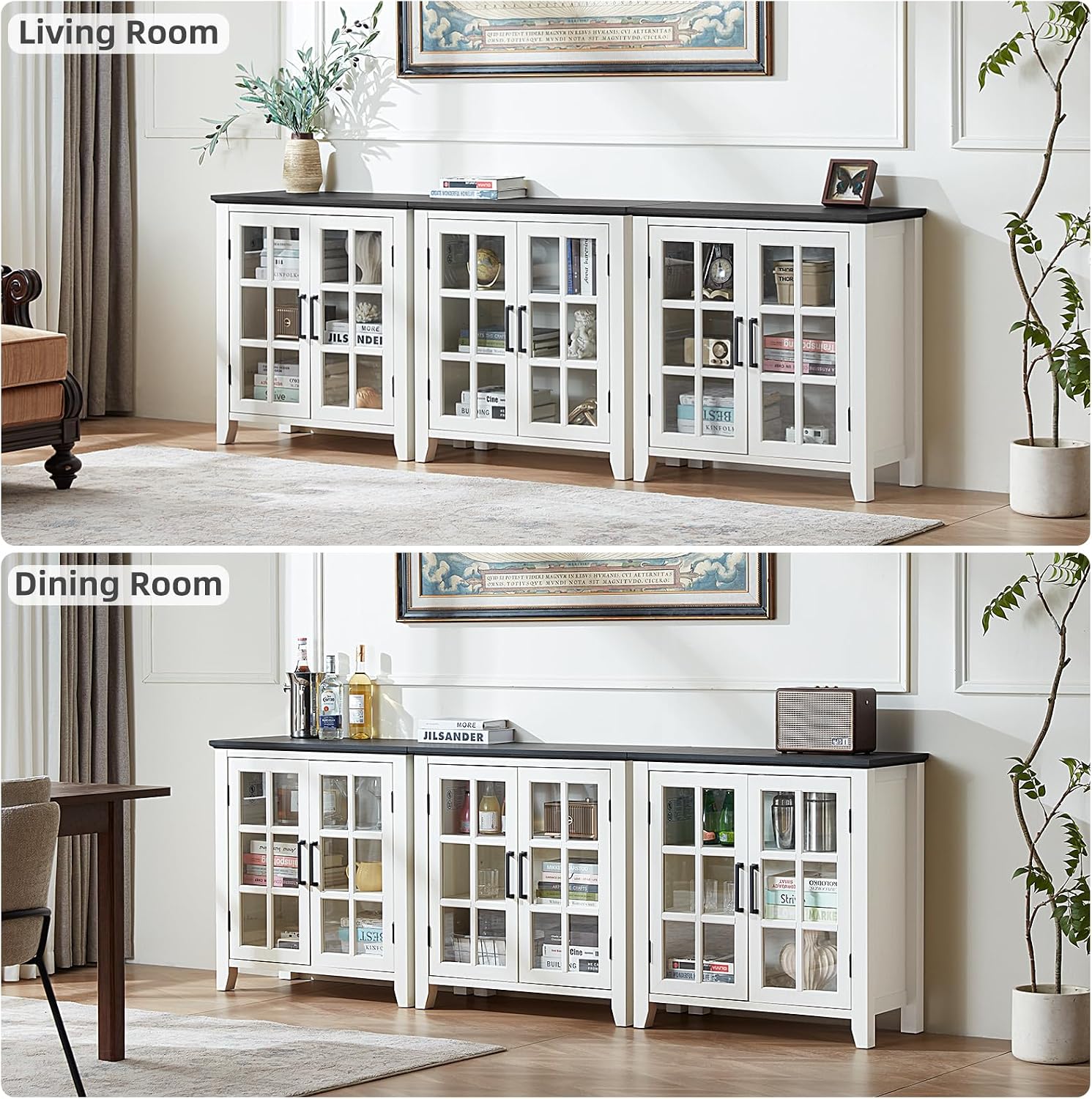Joaxswe Sideboard Buffet Cabinet with Storage, 32' Farmhouse Kitchen Coffee Wine Bar Cabinet with 2 Glass Doors, Wood Mid Century Modern Side Board Table for Dining Room, Living Room, White