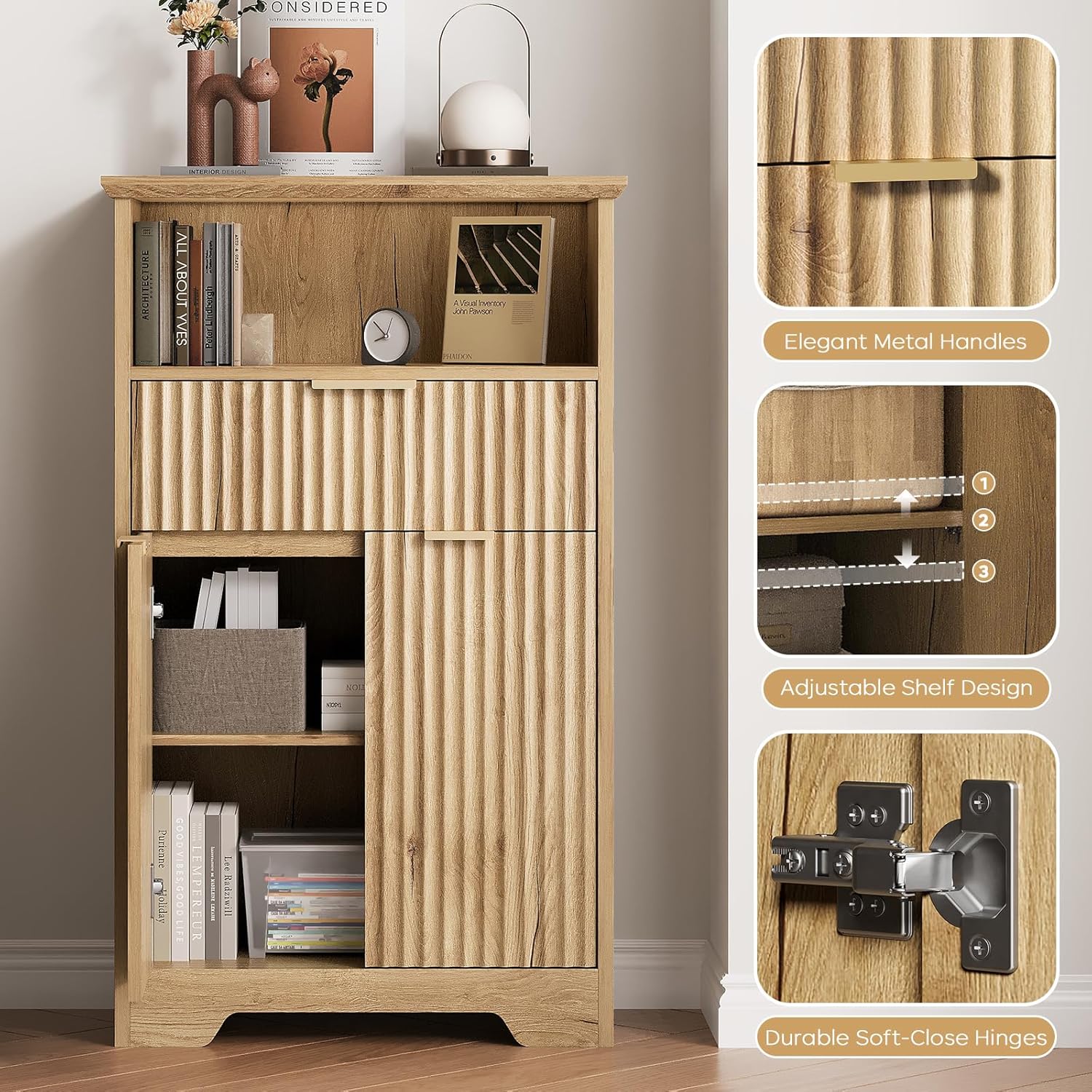 Fluted Buffet Cabinet with Storage, Modern Coffee Bar Cabinet with Drawer & Adjustable Shelf, Wood Sideboard Cabinet for Kitchen, Bathroom, Entryway and Living Room Natural