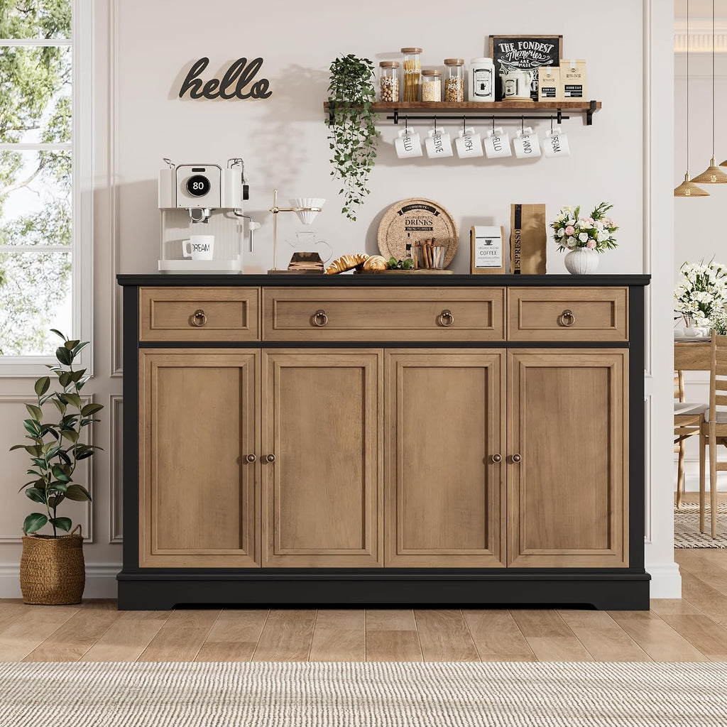 FINETONES Buffet Cabinet with Storage, 52.7' Large Sideboard Buffet Table, Kitchen Cabinet with 3 Drawers and 4 Doors, Wood Coffee Bar for Kitchen Dining Room, Black/Brown