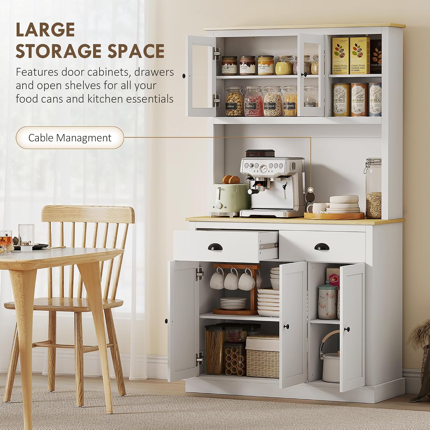 HOMCOM Kitchen Pantry Storage Cabinet with Microwave Stand, 71' Modern Kitchen Hutch with Open Countertop, Glass Doors, Storage Drawers and Adjustable Shelves for Dining Room, Coffee Bar, White