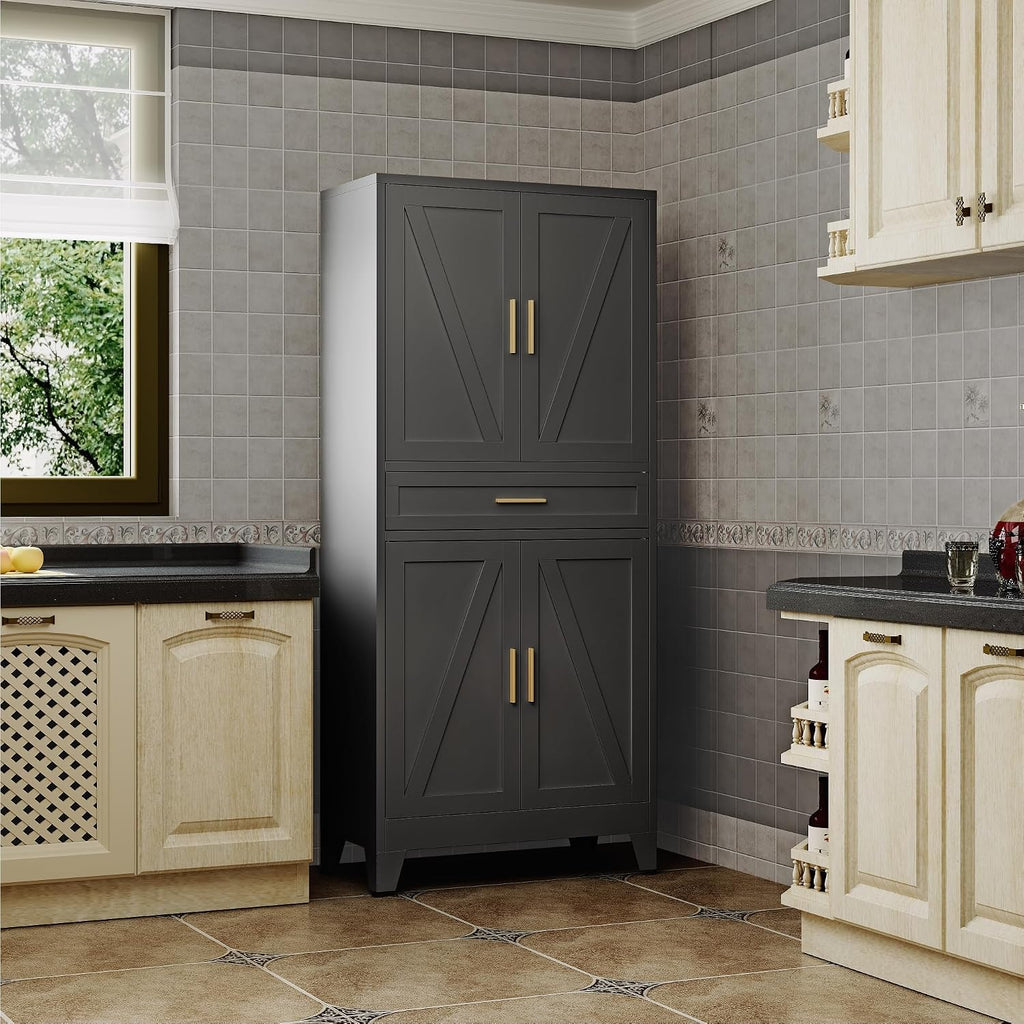 QINPTWUT 71' Farmhouse Pantry Cabinet in Black, with 4 Doors & Center Drawer, Tall Food Cabinet with Adjustable Shelves, Freestanding Steel Cupboard for Kitchen, Dining Room, Pantry, Garage