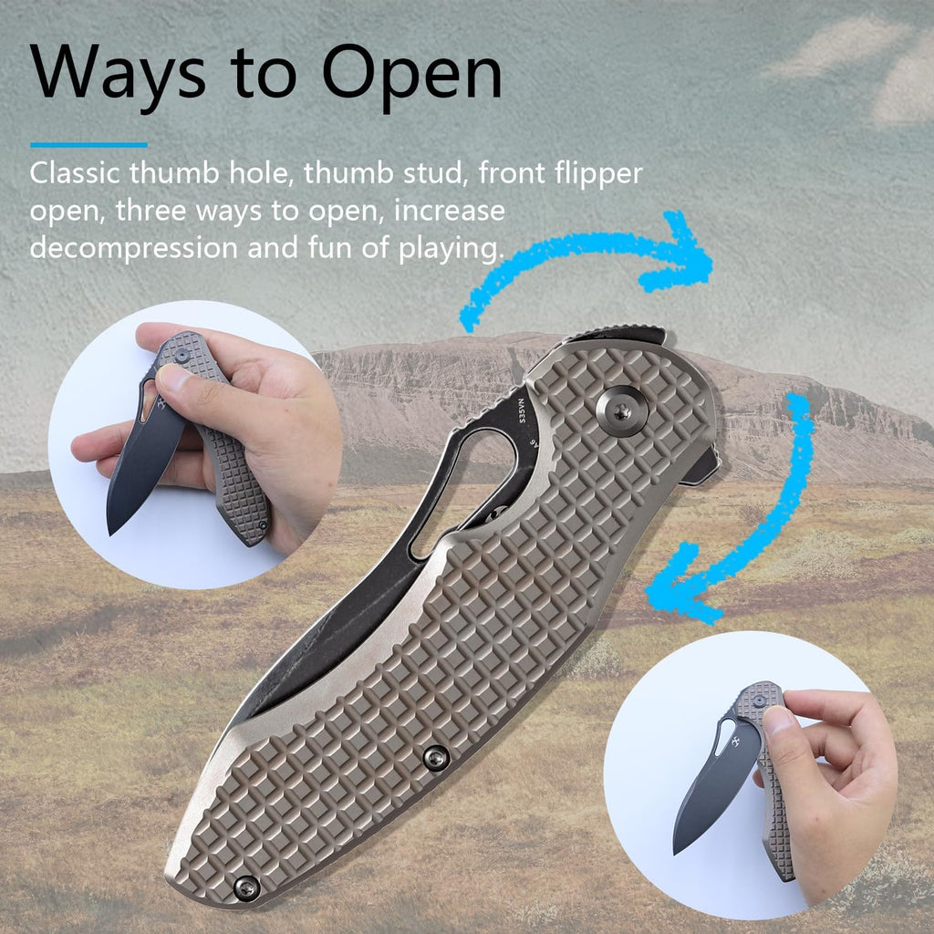 KANSEPT Echis Pocket Folding Knives for Men Women Camping Hiking Folding Knife 3.45'' Black Stonewashed CPM S35VN Blade with Bronzed Anodized Titanium with Frag Pattern Handle Everyday Carry K1071A6