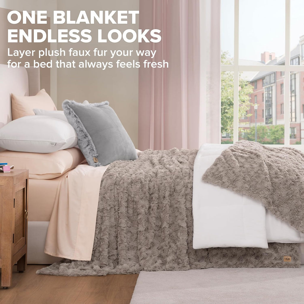 UGG Adalee Faux Fur Full/Queen Size Blanket, Warm Cozy Blanket, Extra Large Throw for Sofa, Washable Bedding for Full or Queen Size Bed, Cute Room Decor, 90' x 90', Oyster Brown