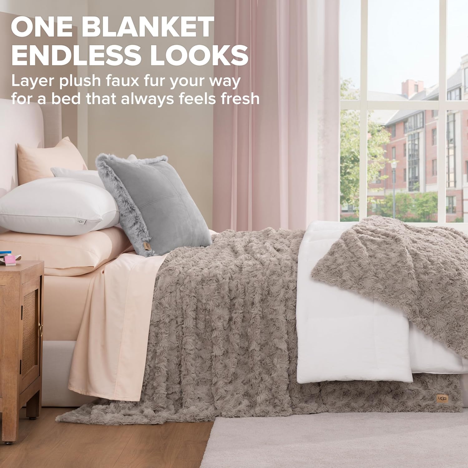 UGG Adalee Faux Fur Full/Queen Size Blanket, Warm Cozy Blanket, Extra Large Throw for Sofa, Washable Bedding for Full or Queen Size Bed, Cute Room Decor, 90' x 90', Oyster Brown