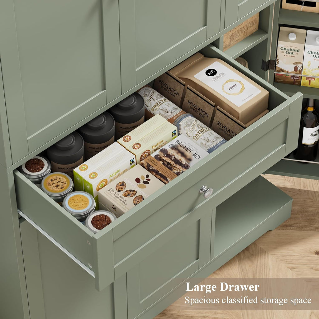 HOSTACK 68' Tall Kitchen Pantry Storage Cabinet, Modern Kitchen Hutch Cabinet with Doors and Shelves, Freestanding Food Pantry with Large Storage Drawer for Dining Room, Living Room, Green