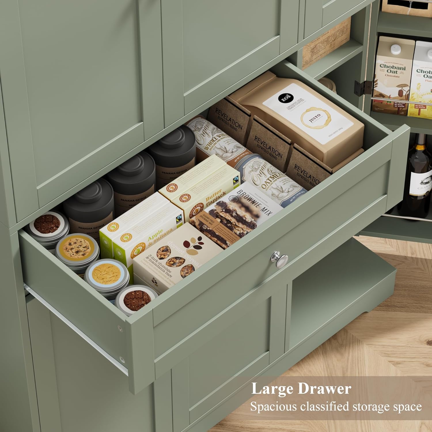 HOSTACK 68' Tall Kitchen Pantry Storage Cabinet, Modern Kitchen Hutch Cabinet with Doors and Shelves, Freestanding Food Pantry with Large Storage Drawer for Dining Room, Living Room, Green