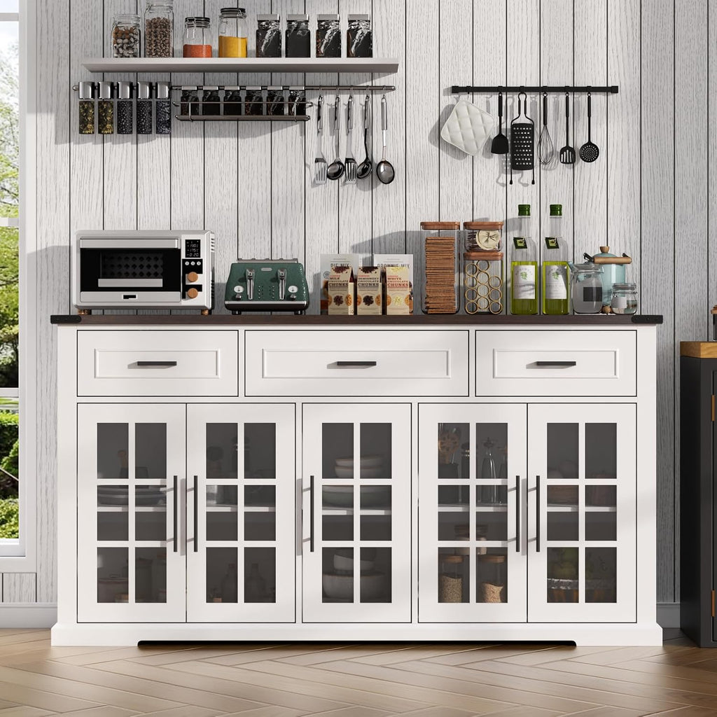 Gyfimoie 63' Sideboard Buffet Cabinet with Glass Doors, Farmhouse Large Buffet Table with 3 Storage Drawers, Modern Coffee Bar Wine Bar Cabinet with Adjustable Shelves for Kitchen, Dining Room, White