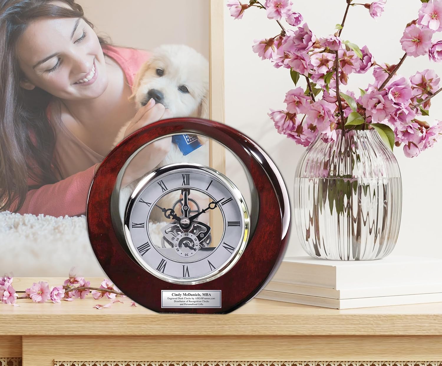 Executive Engraved Silver Gear Da Vinci Marquee Dark Cherry Personalized Desk Clock Employee Recognition Service Award Wedding Anniversary Desk Clock Retirement Coworker Boss Colleague