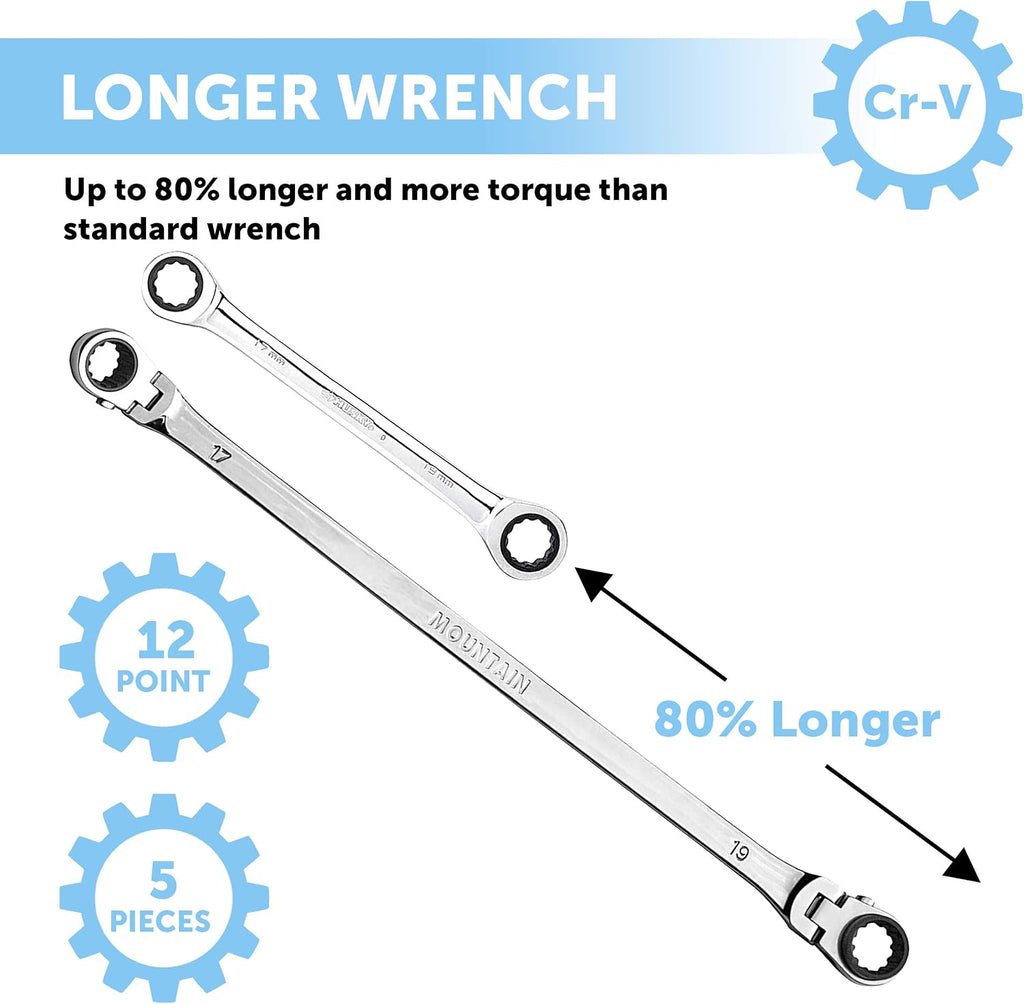 Mountain RM6 5-Piece Metric Double Box Universal Spline Reversible Ratcheting Wrench Set; 8 mm - 18mm, 90 Tooth Design, Long, Flexible, Reversible; 4-Pack