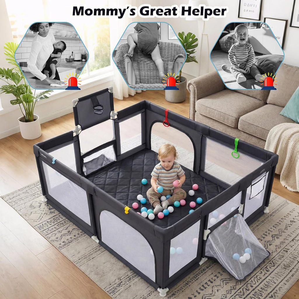 INFANS 74' x 62' Baby Playpen with Soft Mat, Basketball Hoop, 2 Soccer Goals, 4 Handles & 50 Ocean Balls, Breathable Mesh, Large Play Yard for Toddlers (Grey Black)