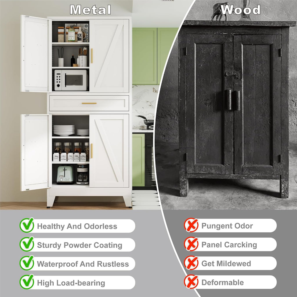 QINPTWUT 71' Farmhouse Pantry Cabinet in White, with 4 Doors & Center Drawer, Tall Food Cabinet with Adjustable Shelves, Freestanding Steel Cupboard for Kitchen, Dining Room, Pantry, Garage