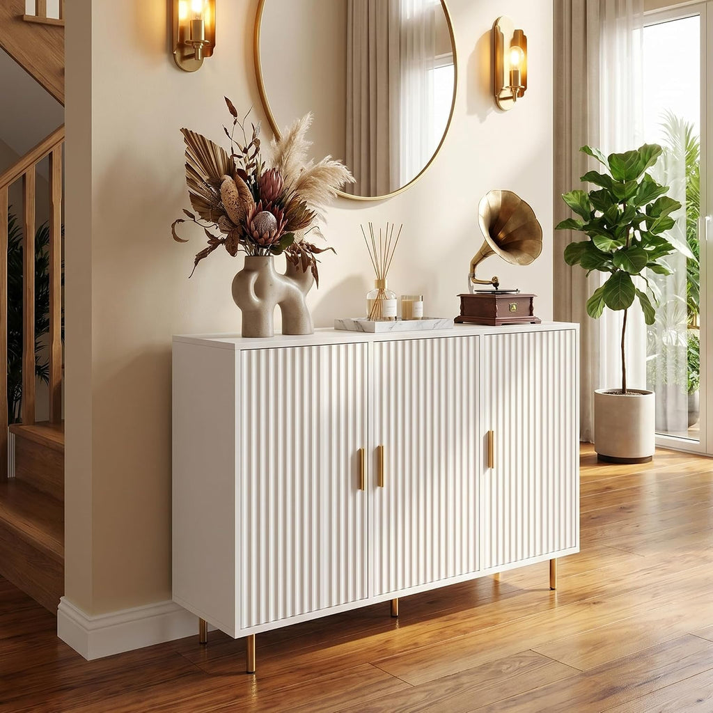 DIYART White Sideboard Buffet Cabinet, Accent Coffee Bar with 3 Doors, Entryway Cabinet for Living Room, Kitchen, Hallway