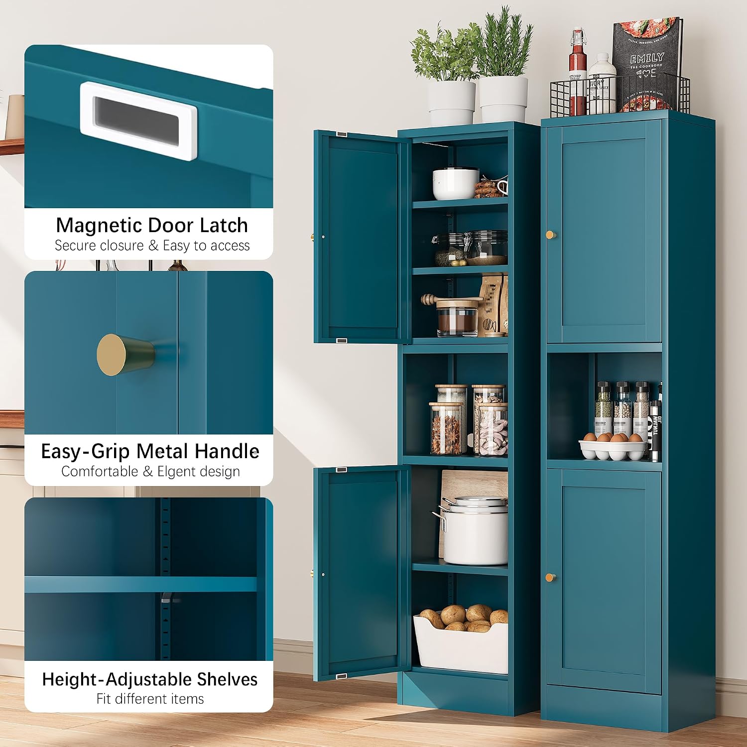 Bevivog Metal Kitchen Pantry Cabinet for Small Space, 67' Tall Storage Cabinets with 2 Doors and Adjustable Shelves, Freestanding Narrow Bathroom Cabinet, 15.7' W Slim Pantry