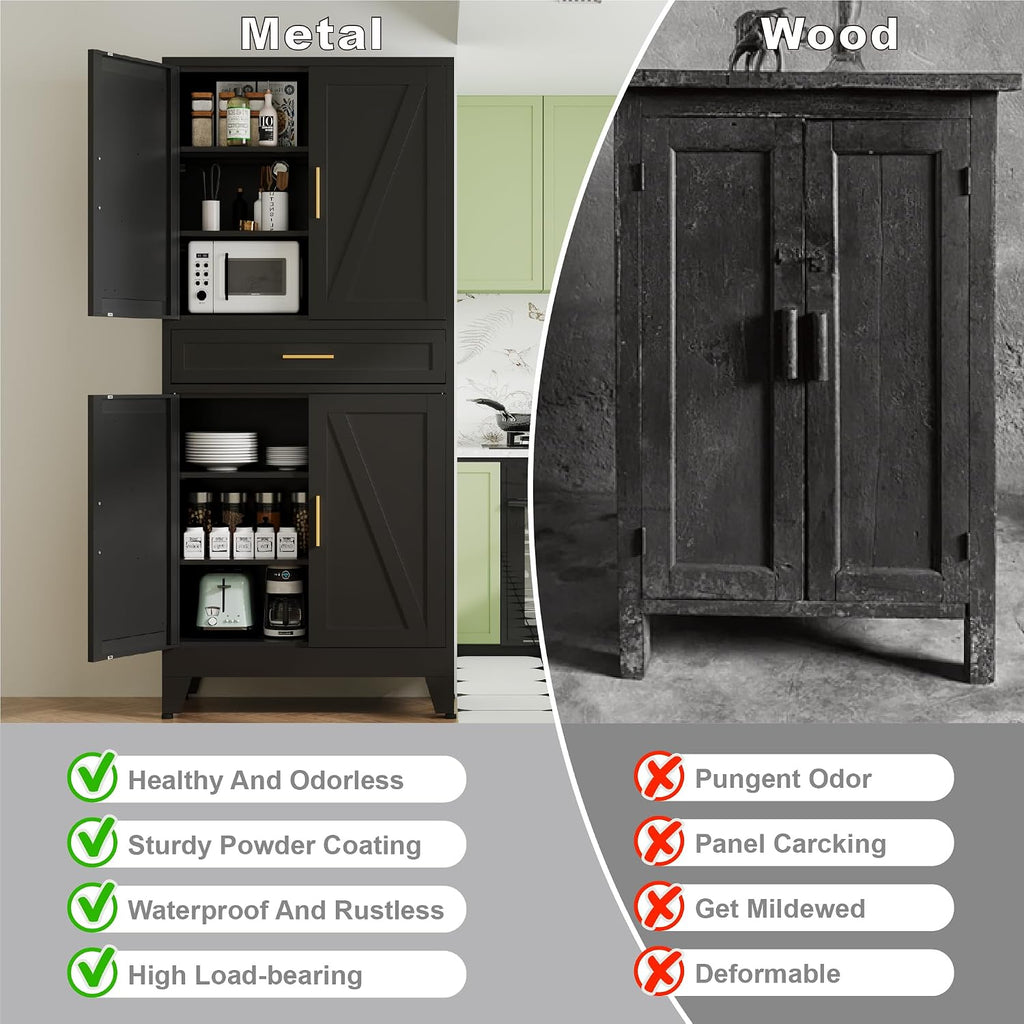 QINPTWUT 71' Farmhouse Pantry Cabinet in Black, with 4 Doors & Center Drawer, Tall Food Cabinet with Adjustable Shelves, Freestanding Steel Cupboard for Kitchen, Dining Room, Pantry, Garage