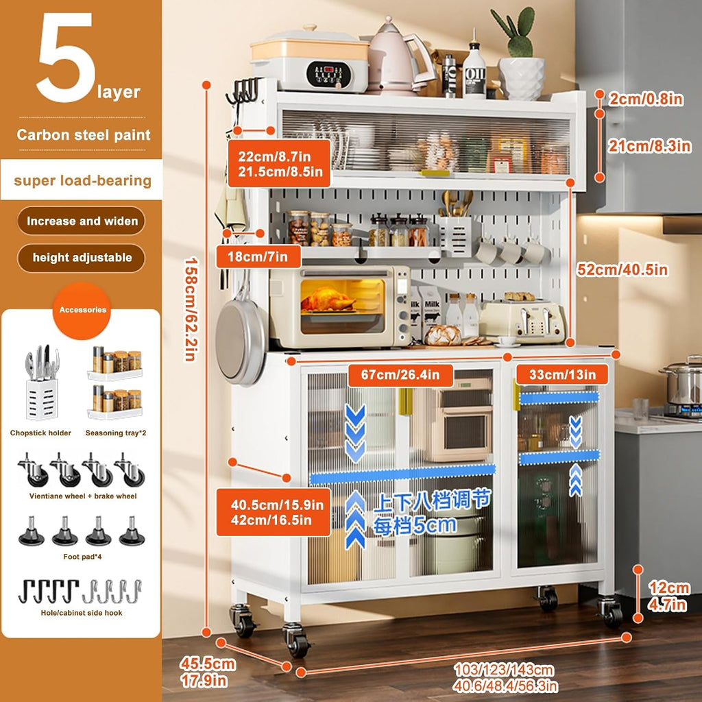 5-Tier Kitchen Storage Cabinet, Microwave Cart with Brakeable Casters, Metal Bakers Rack, DIY Backplane, White, 40.6in - Ideal for Organizing Kitchen Space