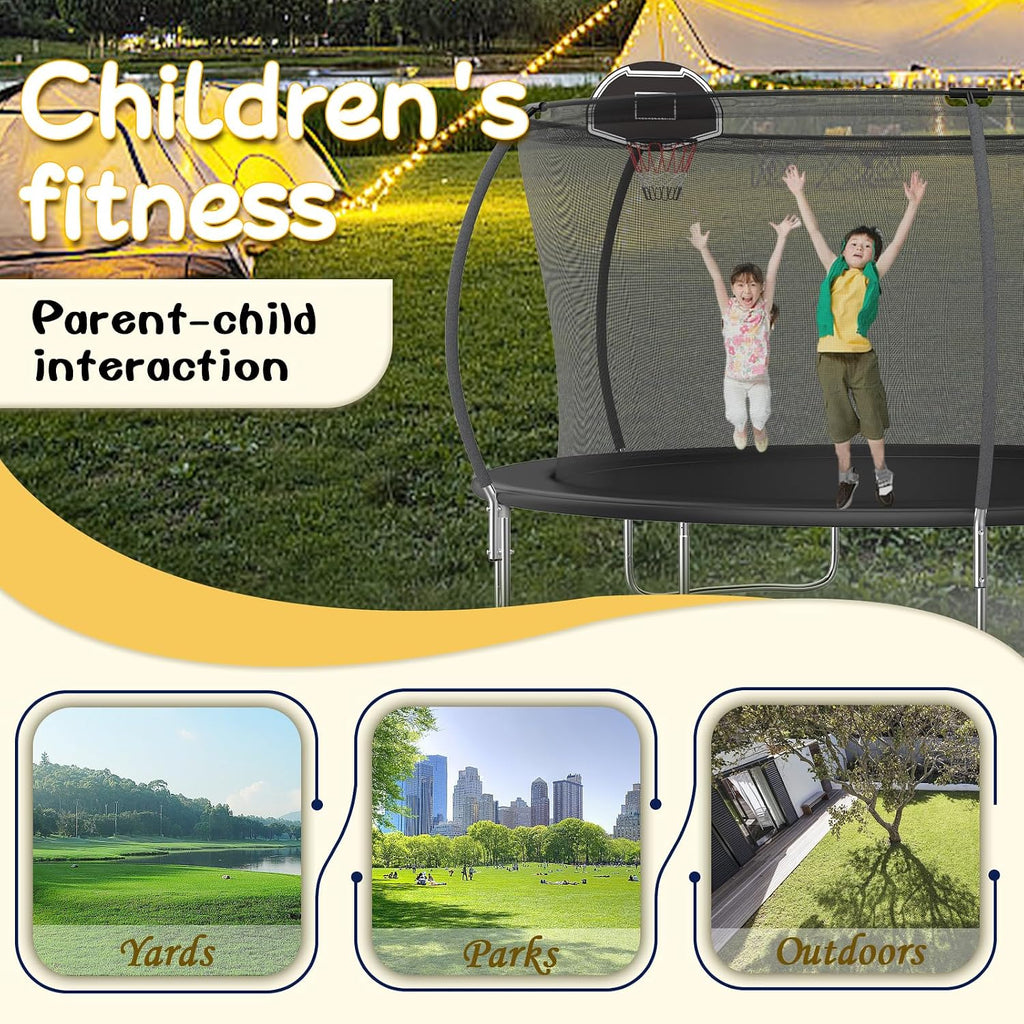 14FT Tranpoline for Kids with Safety Enclosure Net Recreational Round Tranpoline with Basketball Hoop ASTM Approval Backyard Outdoor Tranpoline with Spring Pad Cover & Ladder
