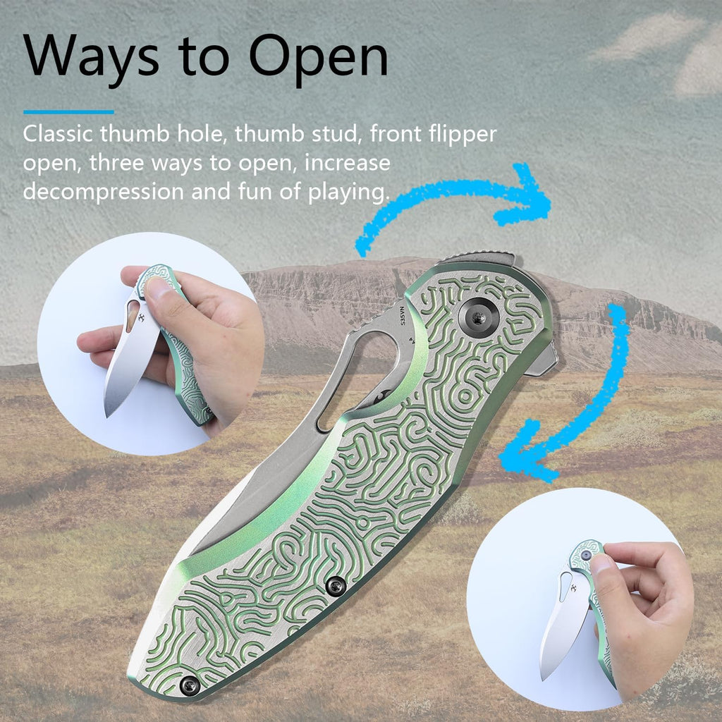 KANSEPT Echis Pocket Folding Knives for Men Women Camping Hiking Folding Knife 3.45'' Stonewashed CPM S35VN Blade Pocket Knife with Green Anodized Textured Titanium Handle Everyday Carry K1071A4
