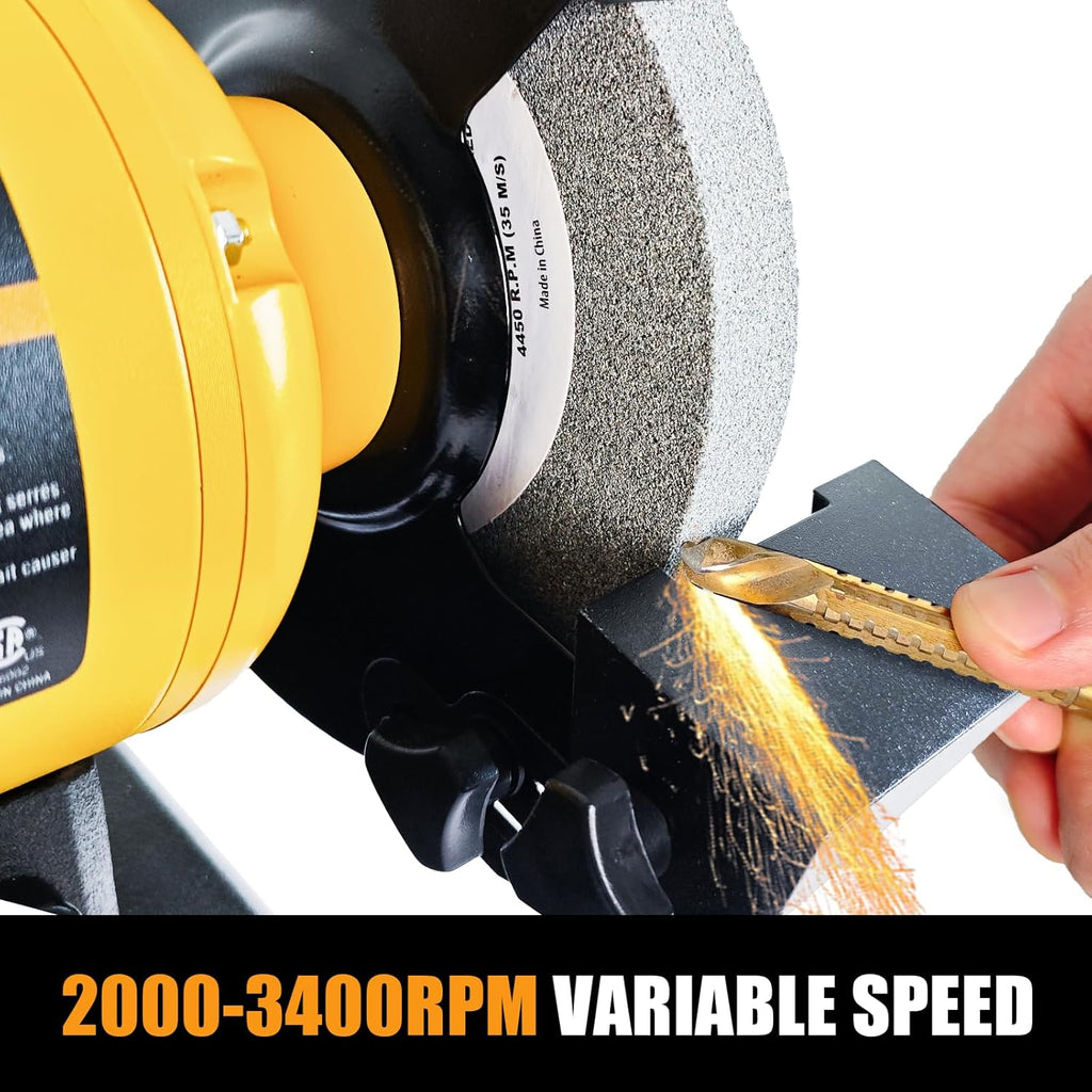 Woodskil 6 Inch Variable Speed Bench Grinder, 2000–3400 RPM Adjustable Speed, 2.5A Motor, Dual Grinding Wheels 36 & 60 Grit, Adjustable Tool Rest, Eye Shield for Sharpening Knives, Tools, Metal