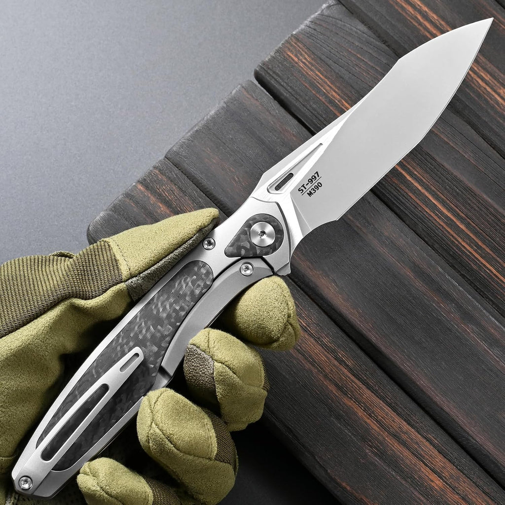 Sitivien ST997 Folding Knife,Handmade M390 Pearlescent Brushed Steel Blade,Titanium Carbon Fiber Handle EDC Knife for Outdoor Camping Hiking Survival Travel(Gray)