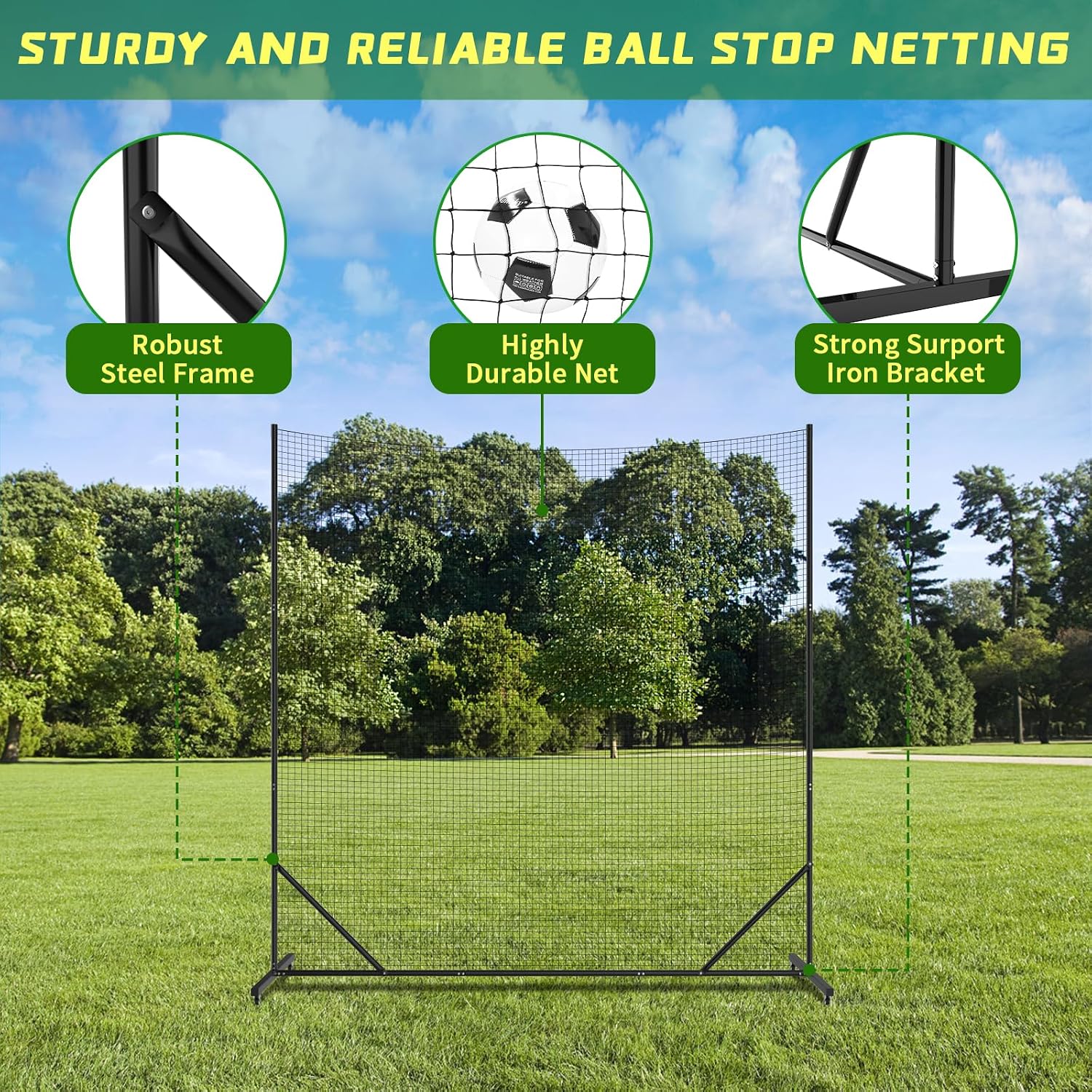 Soccer Ball Stop Netting for Backyard, Multi-Sport Backstop Net Systems with Post, Removable Soccer Net on Wheels, Basketball/Lacrosse Sport Barrier Net