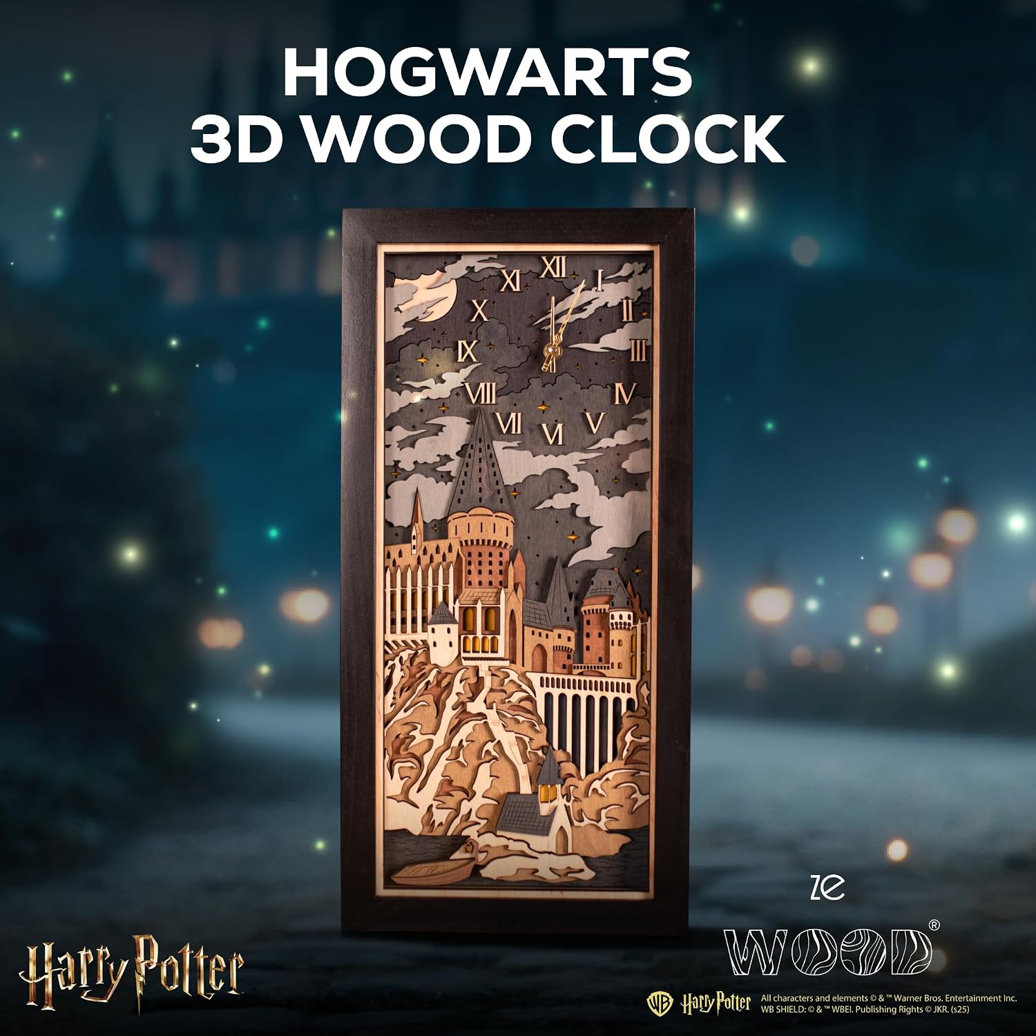 Hogwarts 3D Wall Clock - Unique Collectible Wooden Clock - Silent Large Modern Rustic Decorative Home Decor for Harry Potter Fans (Oak Brown, L)