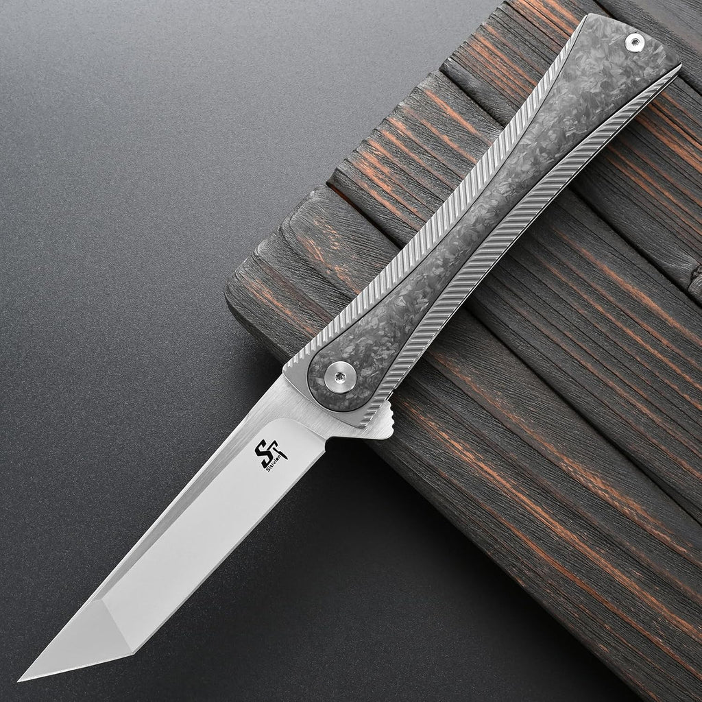 Sitivien ST994 Folding Knife,Handmade M390 Brushed Steel Blade Titanium Carbon Fiber Handle EDC Tool Knife for Outdoor Camping Hiking Survival Working(Gray)