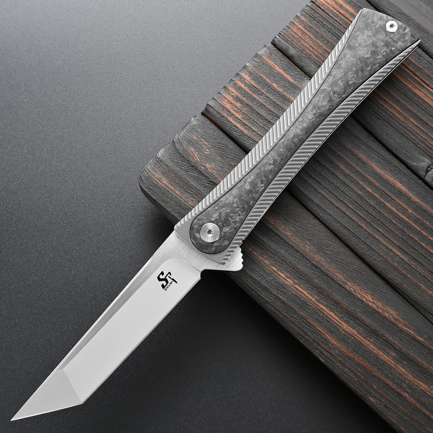 Sitivien ST994 Folding Knife,Handmade M390 Brushed Steel Blade Titanium Carbon Fiber Handle EDC Tool Knife for Outdoor Camping Hiking Survival Working(Gray)