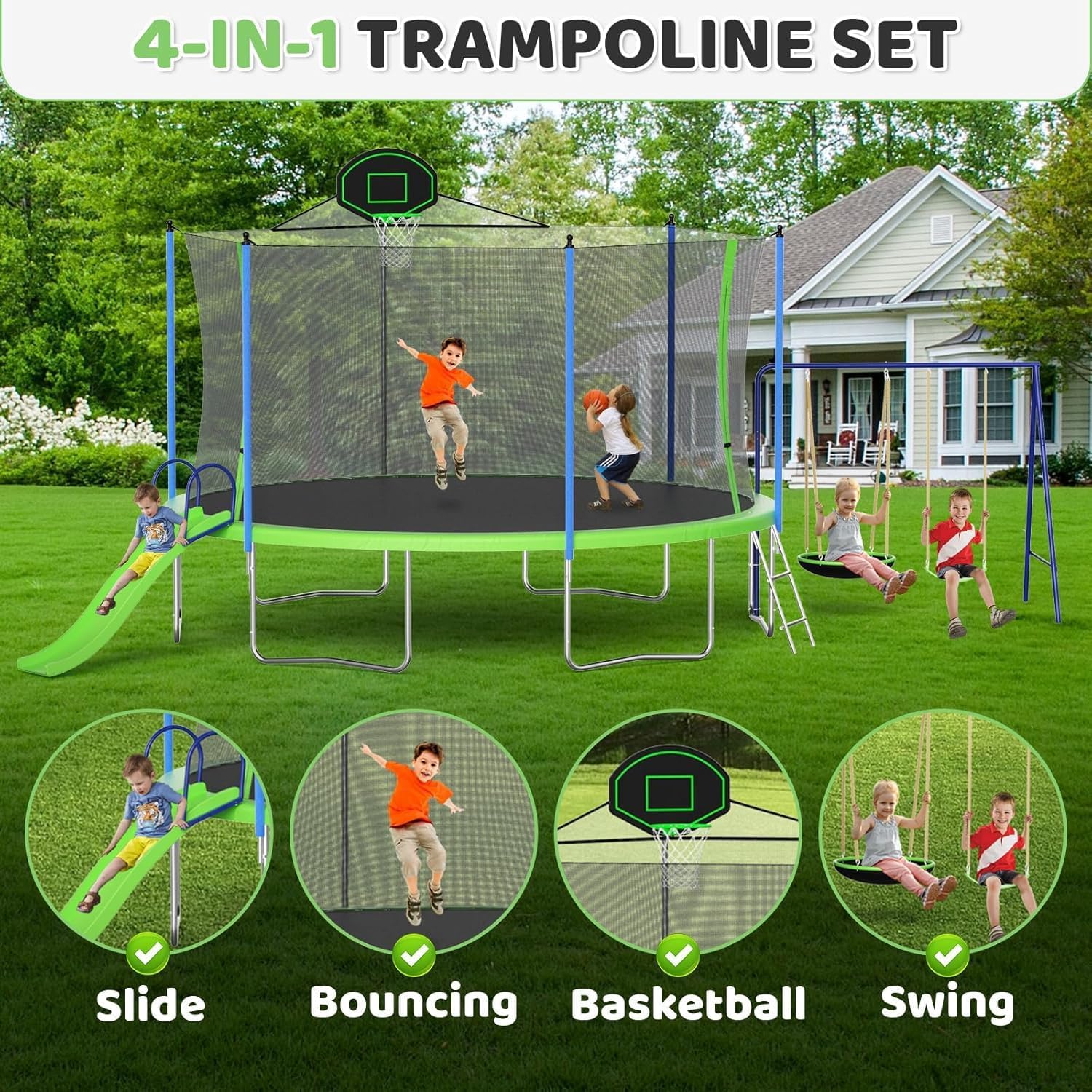 Skepphlay 16ft 14ft 12ft Trampoline Outdoor for Kids and Adults, ASTM Approved Recreational Trampoline, Round Trampoline with Basketball Hoop & Enclosure Net for Backyard