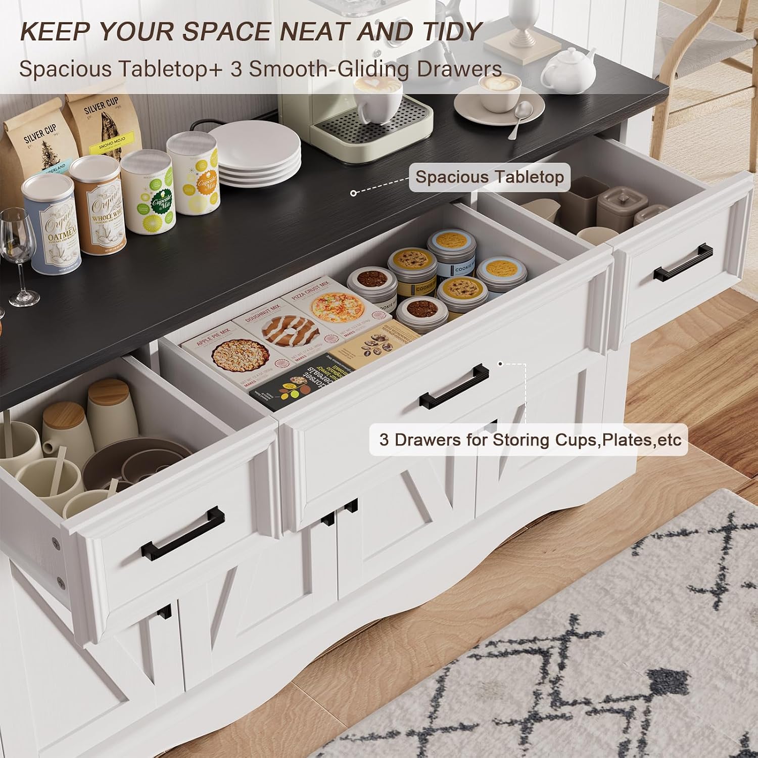 56' Buffet Cabinet Sideboard with Storage: Built-in Charging Station, Farmhouse Wood Coffee Wine Bar, Furniture with Drawers and Doors for Kitchen, Dining Room, Living Room, White