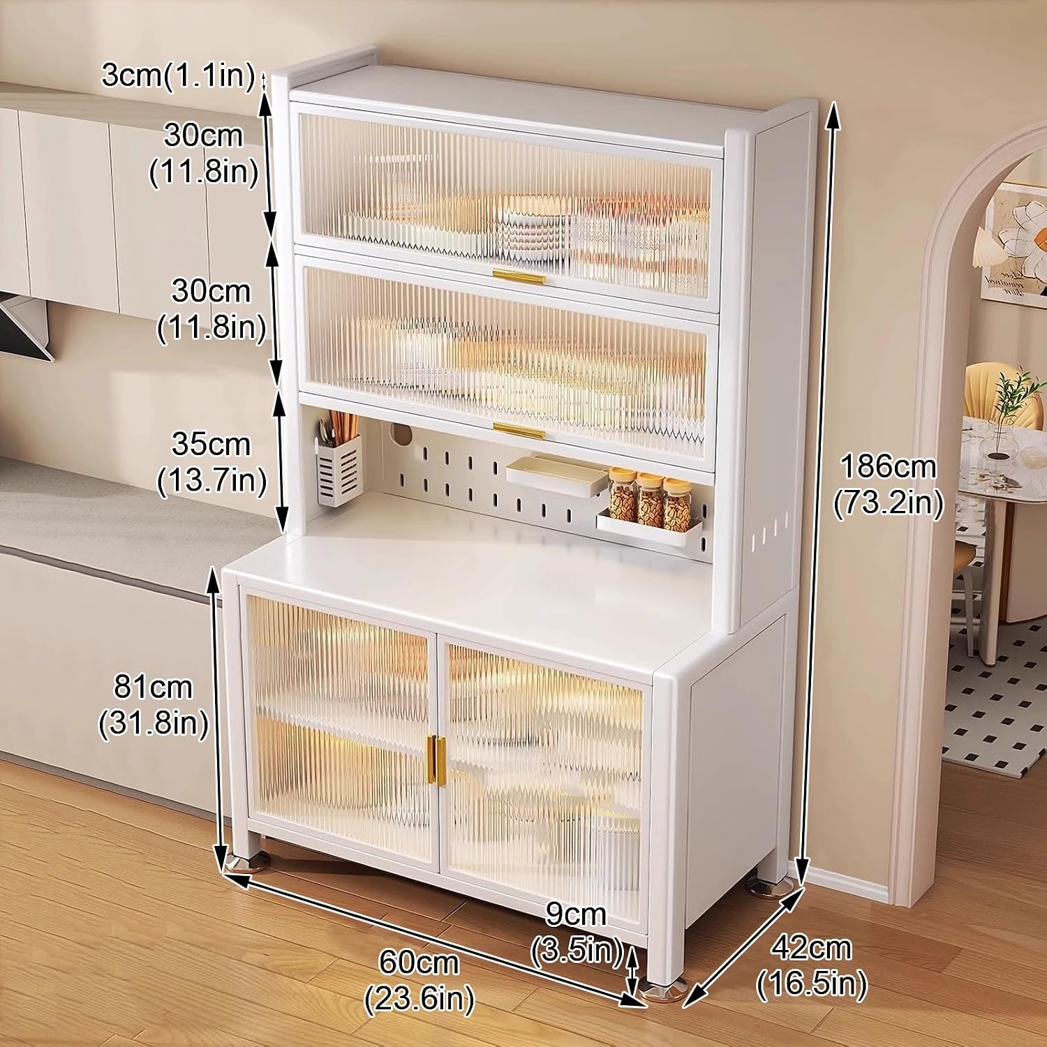Large Bakers Rack with Hutch, Kitchen Hutch Cabinet Microwave Stand, Expanded Space, Large Storage Capacity(White,60cm)