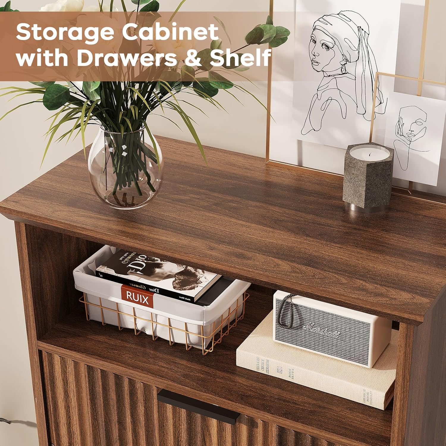 Fluted Buffet Cabinet with Storage, Modern Coffee Bar Cabinet with Drawer & Adjustable Shelf, Wood Sideboard Cabinet for Kitchen, Bathroom, Entryway and Living Room Walnut