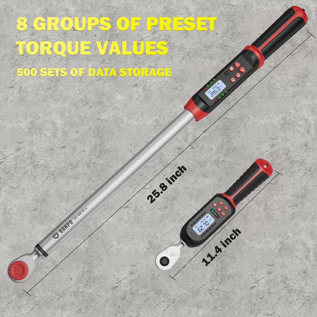 VANPO 3/8' & 1/2' Digital Torque Wrench Set, 3.1-62.7Ft.lb+14.7-295Ft.lb | 4.2-85Nm+20-400Nm, ±2% Accuracy, Preset Value, Buzzer & LED Indicator, Data Storage, for Car, Motorcycle, Truck, RV & Towing