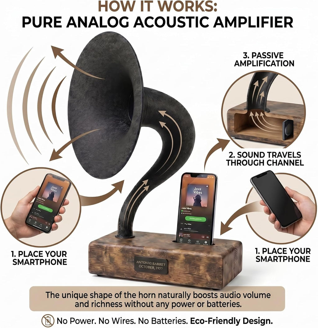 Handmade Acoustic Phone Speaker, Gramophone Phone Amplifier, Vintage Passive Speaker for Home Decor, Office Furniture Gift, Unique Handmade Smart Phone Dock - 15' Aged Oak & Cast Black